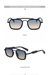 Front and 45-degree side details of matte black square double bridge sunglasses