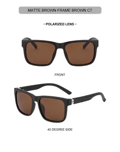 Front and 45-degree side views of matte brown square polarized sunglasses with metal accents