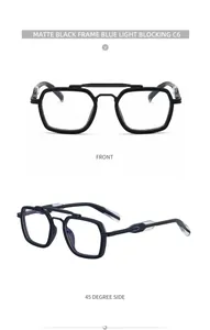 Front and side view of matte black double bridge square glasses with blue light blocking lens