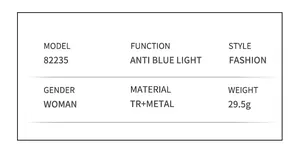 Detailed specs for cat-eye anti-blue light glasses made of TR and metal, model 82235