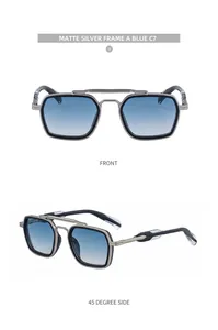 Detail view of square matte silver metal sunglasses with blue gradient lenses and double bridge