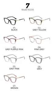 Detailed catalog showing seven color options for 82235 cat-eye glasses with golden hinges