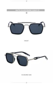 Front and 45-degree views of matte silver square frame sunglasses with double bridge design