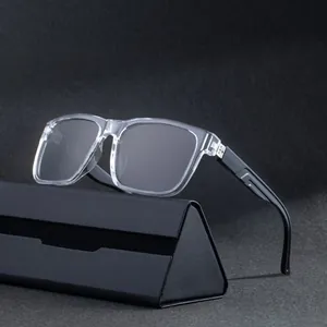 Modern square polarized sunglasses with transparent frames and black temples plus case