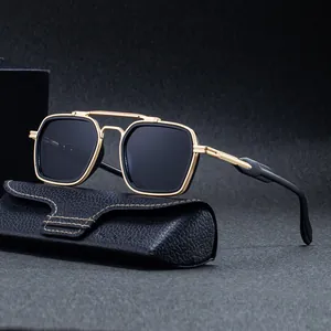 Retro square double bridge sunglasses in black and gold with a leather textured case
