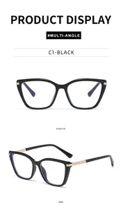 Front and side views of stylish black cat-eye glasses with gold metal decorative accents