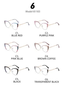 Collection de six montures de lunettes œil de chat élégantes en divers dégradés de couleurs