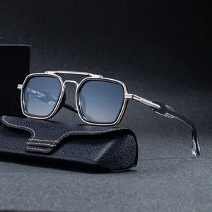 Men's square double-bridge sunglasses with silver metal frame and leather case