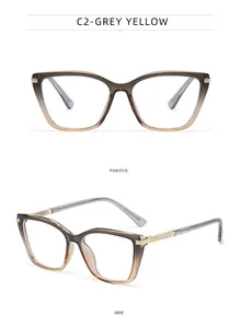 Detail view of cat eye optical glasses with grey yellow gradient and gold metal accents
