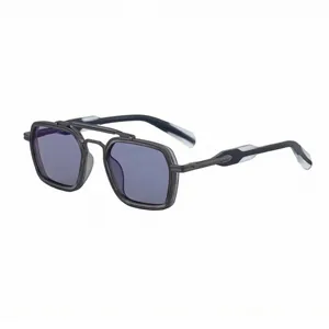 Men's vintage square metal sunglasses with gunmetal frame and light blue lenses