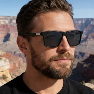 Men's square polarized sunglasses featuring matte black frames and silver temple accents