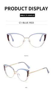 Vues détaillées de lunettes œil-de-chat dégradé bleu rouge avec branches en métal doré