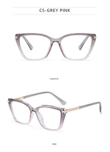 Detail view of cat eye glasses in grey pink gradient with gold metal rhinestone hinges