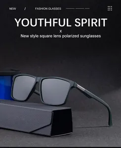 Close-up of square polarized sunglasses with matte frame and metal hinge details