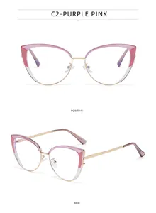Vues détaillées face et côté de lunettes œil de chat violettes et roses en métal