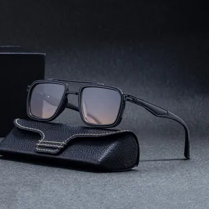 Occhiali da sole squadrati vintage da uomo con doppio ponte e custodia in pelle