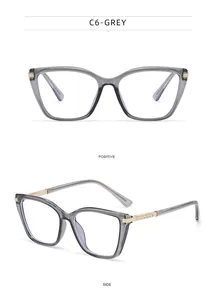 Detailed front and side views of grey cat-eye glasses with gold metal accents