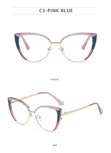 Monture œil de chat rose et bleu avec branches en métal doré vue de face et profil