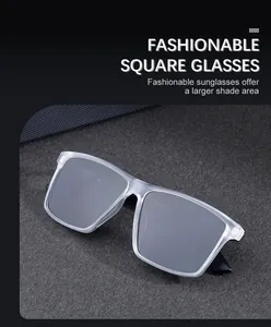 Detail view of square matte grey sunglasses frame with polarized dark lenses and wide shade area