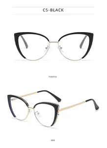 Détail macro de montures de lunettes yeux de chat en noir et or vues de face et de profil