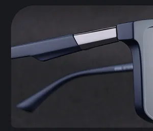 Detail view of durable metal hinge and matte blue frame on square polarized sunglasses