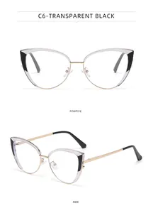 Vue détaillée face et côté de lunettes papillon avec monture noire transparente et branches dorées