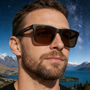 Close-up of polarized square sunglasses with matte black frame and brown lenses