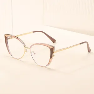 Lunettes anti-lumière bleue œil de chat à monture rose et marron avec branches métalliques