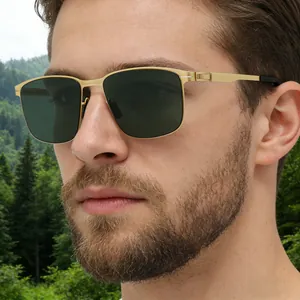 Men's square frame polarized sunglasses with gold metal temples shown on male model
