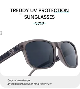 Détail de lunettes de soleil carrées polarisées avec branches antidérapantes et accents métal