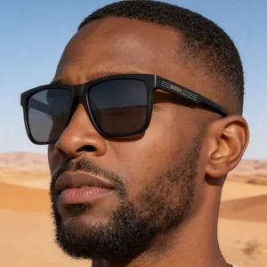Detail of square polarized sunglasses with matte black frames and metal temple accents