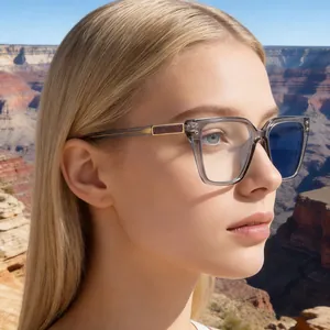 Side view of cat-eye sunglasses with grey transparent frame and gold metal temple details