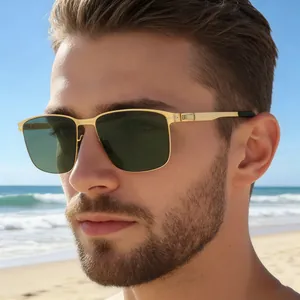 Fashion rectangular polarized sunglasses with gold metal frame for men outdoor beach style