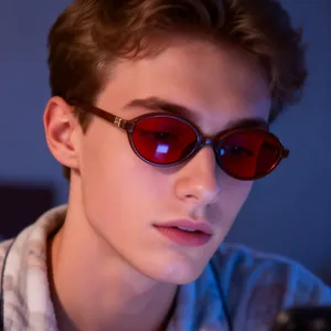 Close-up of retro oval sunglasses with red lenses and tortoiseshell frames on a model