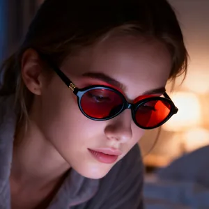 Close-up of red lens sunglasses with thick black frames and gold temple accents