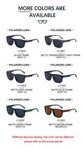 Catalogue détaillé montrant des lunettes de soleil carrées polarisées en six coloris
