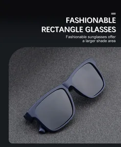 Detailed macro shot of matte blue rectangle sunglasses frame on grey felt texture