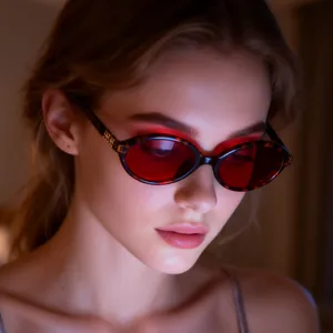 Detail of tortoiseshell oval frame with vibrant red lenses on a fashion model
