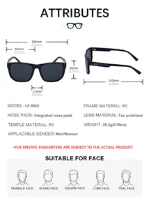 Dimensions techniques et matériaux des lunettes de soleil carrées polarisées noires TAC