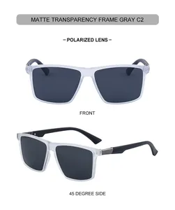 Detail view of square matte transparent sunglasses with gray polarized lenses and black arms