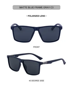 Detail of matte blue polarized square sunglasses with gray lenses and metallic accents