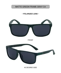Vues de face et de profil à 45 degrés de lunettes de soleil polarisées vert mat à verres gris
