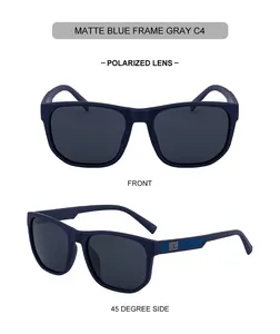 Vues détaillées de lunettes de soleil polarisées bleu mat avec verres gris et branches