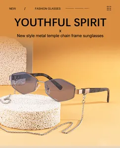 Detail of gradient hexagonal sunglasses with thin metal chain on decorative stone