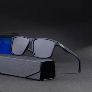 Navy blue square polarized sunglasses with grey lenses and a black textured folding case