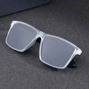 Men's square polarized sunglasses with matte grey frame and dark grey lenses for driving