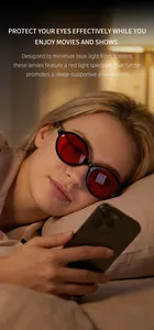 Detail of red lens sleep glasses for blue light blocking shown in a cozy bedroom setting