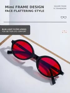 Macro view of black PC oval sunglasses with red blue-light filter lenses and frame design