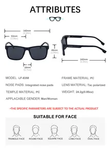 Detailed dimension guide for LF-8358 square polarized sunglasses with PC frame specs