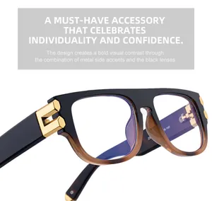 Detail of square glasses with tortoiseshell finish and gold geometric metal accents